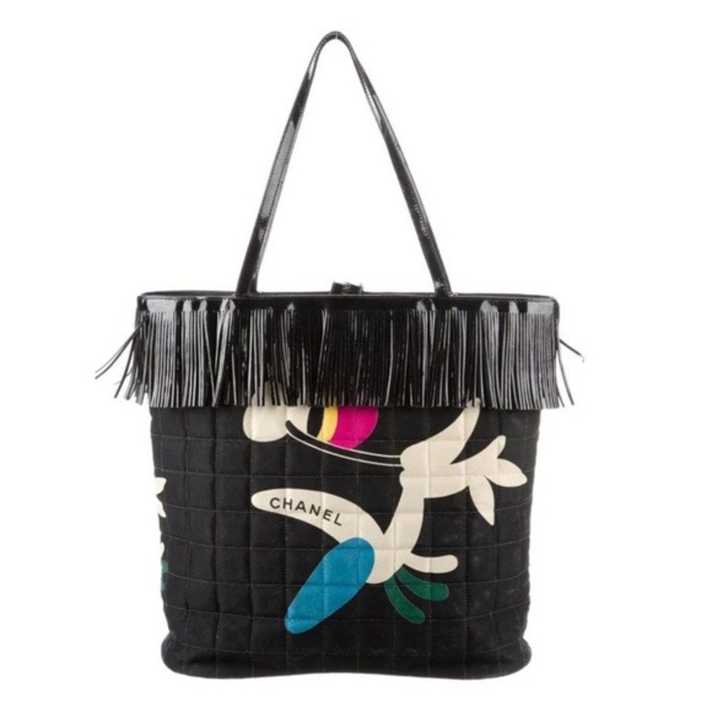 Rare Authentic CHANEL Chocolate bar Fringe Tote Bag Canvas/Patent Leather